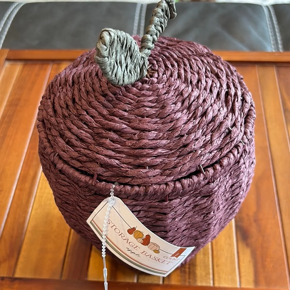 Dark Red Apple Woven Accent Basket with Lid